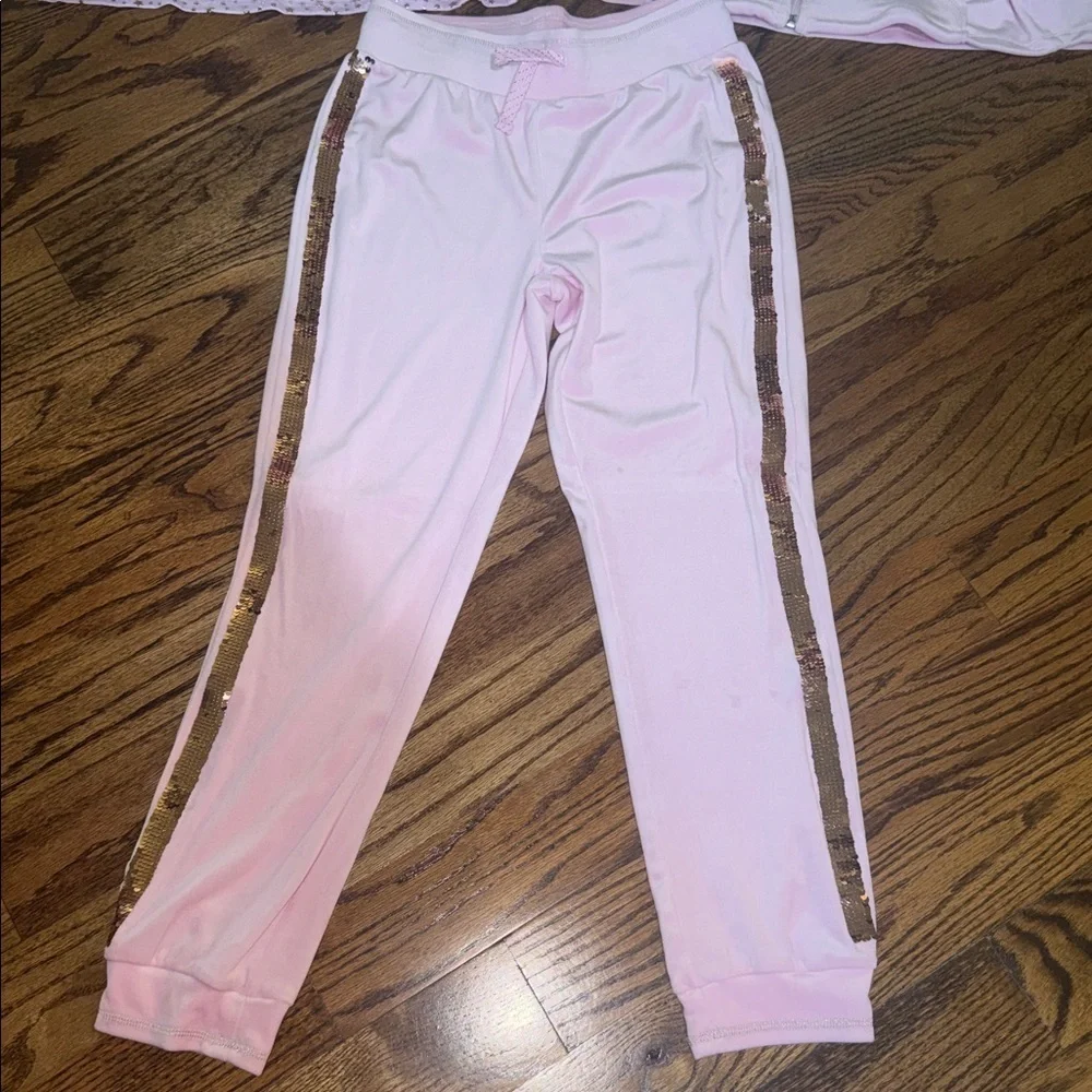 More than magic girls pink velour track suit gold sequin racing stripe & shirt L